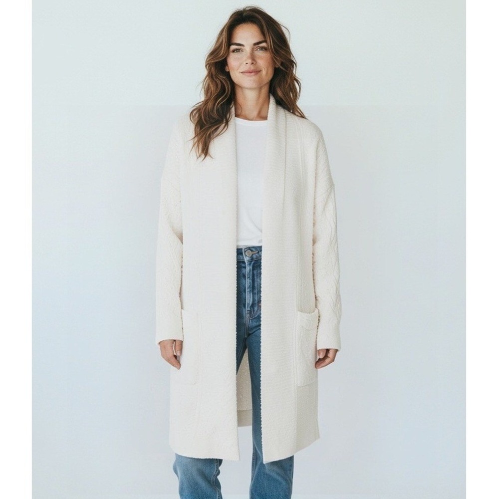 Lovestitch Cream Cable Knit Shawl Collar Open Front Cardigan Sweater Large L36